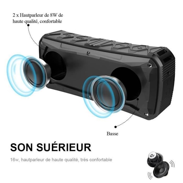 Bluetooth højttaler - E.F. CONNECTION - Vandtæt model - 12 timers batterilevetid - Eksternt batteri - Sort Svart