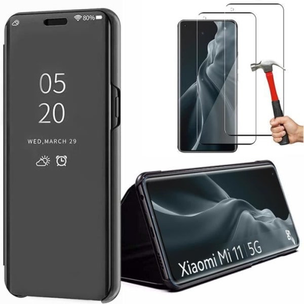 Beskyttelsescover - E.F.CONNECTION - til Xiaomi Mi 11 - Spejleffekt - Clear View - Sort - 2 hærdede glas Svart