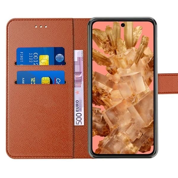 Coque - E.F.CONNECTION - För Google Pixel 8 - Brun PU-läder - Justerbart ställ - Magnetisk kastanj