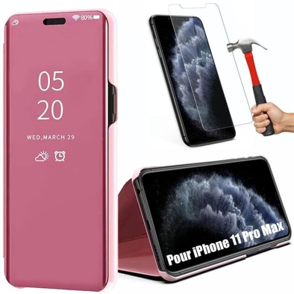 Skyddshölje för iPhone 11 Pro Max - E.F.CONNECTION - Hård - Spegeleffekt - Rosa - 2 Härdat Glas Rosa