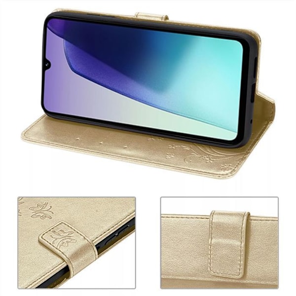Coque og 2 Våde Glas til Xiaomi Redmi 14C, Beskyttelse med Klap i Syntetisk Læder Stødabsorberende Guld Sommerfuglemotiv gyllene