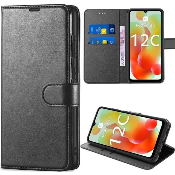 Etui til Xiaomi Redmi 12C-11A Flip-etui Lædereffekt Anti-ridse stødsikker - Sort
