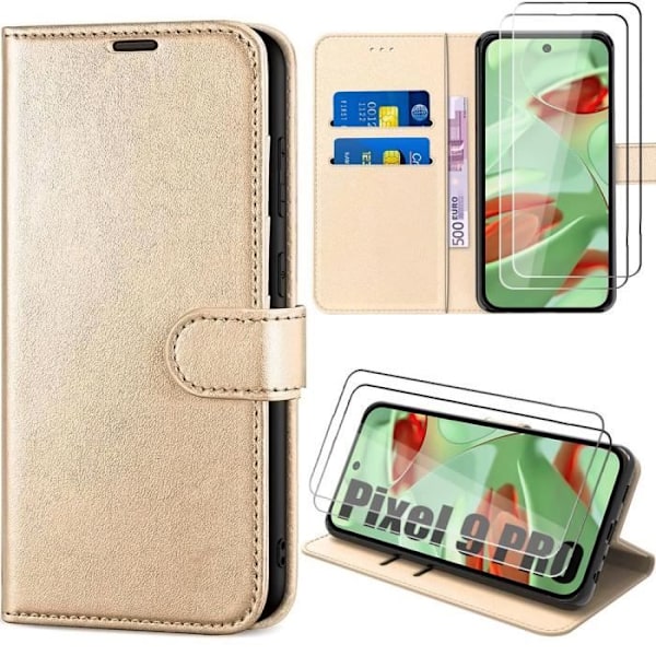 Fodral + 2 härdade glasögon för Google Pixel 9 Pro, Anti-Scratch Card-hållare 360 graders skydd PU Läder Guld