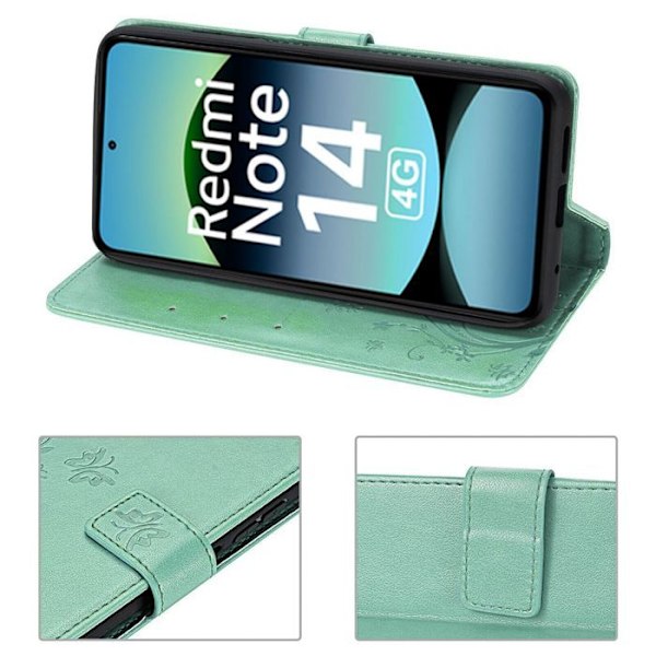 Coque för Xiaomi Redmi Note 14 4G (inte för 5G) Flip Case Syntetisk Läder Anti-Rip Mönster Växt Fjäril Grön Grön