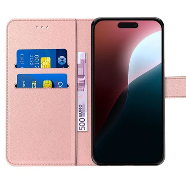 Coque + Härdat Glas - E.F.CONNECTION - för iPhone 16 Plus - PU Läder - 360° Skydd - Fällbart Stöd Rosa