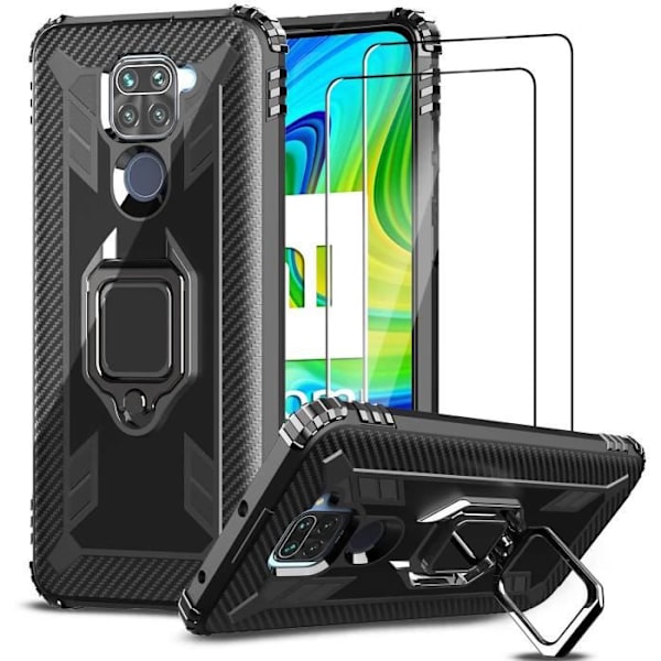 Fodral till Xiaomi Redmi Note 9 + härdat glas Xiaomi Redmi Note 9 skärmskydd, [360 Rotation Ring Kickstand