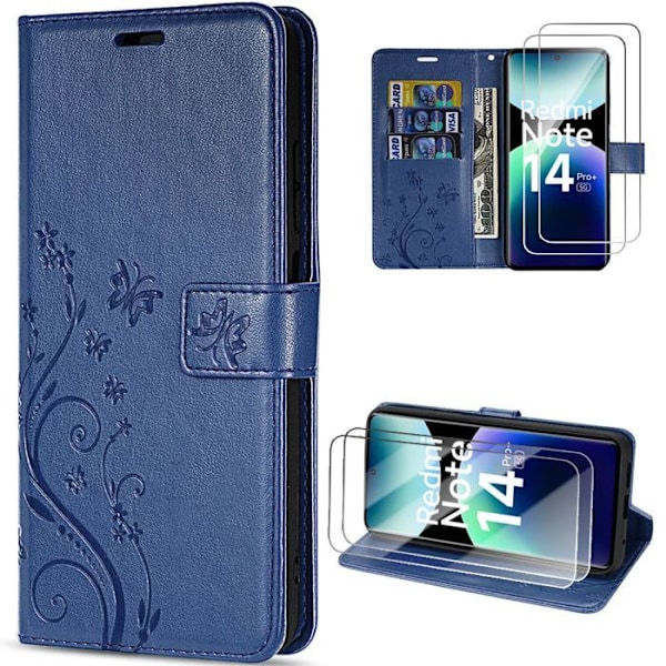 Coque + 2 Glas i Tempererat för Xiaomi Redmi Note 14 Pro Plus 5G/Note 14 Pro+ 5G, Mörkblå Syntetläder Med Fjärilsmönster marinblå