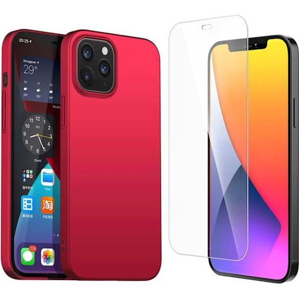 Fodral för iPhone 12 Röd + 2× Skärmskydd i härdat glas, mjukt silikonskydd Röd