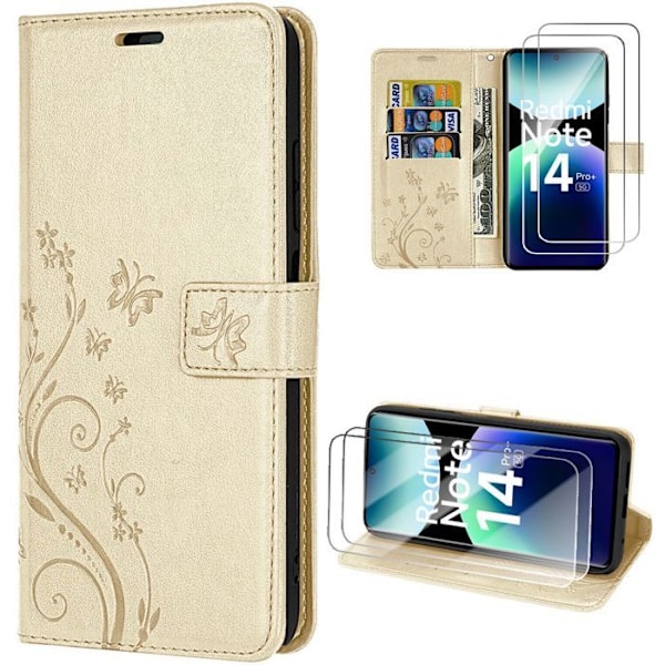 Coque + 2 Tempered Glass til Xiaomi Redmi Note 14 Pro Plus 5G/Note 14 Pro+ 5G, Syntetisk Læder Motif Sommerfugl Blomst Guld gyllene