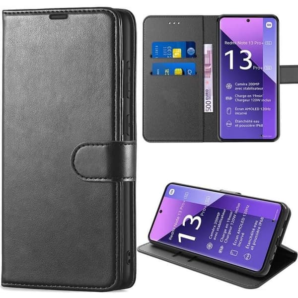 Coque - E.F.CONNECTION - för Xiaomi Redmi Note 13 Pro+ 5G - Stötsäker - PU-läder - Justerbart stöd Svart