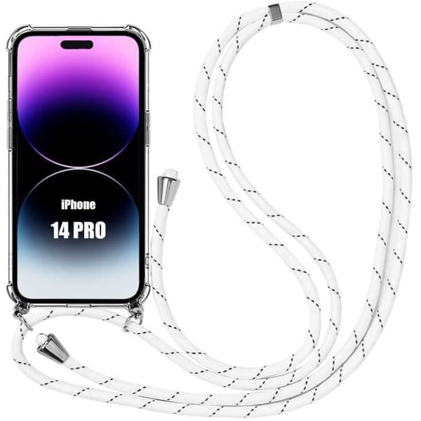 Skyddskal - E.F.CONNECTION - för iPhone 14 Pro - Förstärkta hörn - Justerbar snodd - Vit Vit