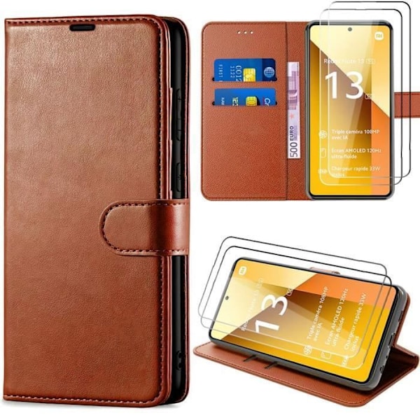 Coque + 2 Glas Doppio - E.F.Connection - Redmi Note 13 5G - Magnetiskt Stöttåligt Fodral - PU Läder - Brun kastanj