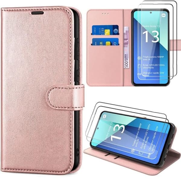 Coque - E.F.Connection - för Xiaomi Redmi Note 13 4G - Rosa - Fällbart Etui - 2 Härdade Glas Rosa