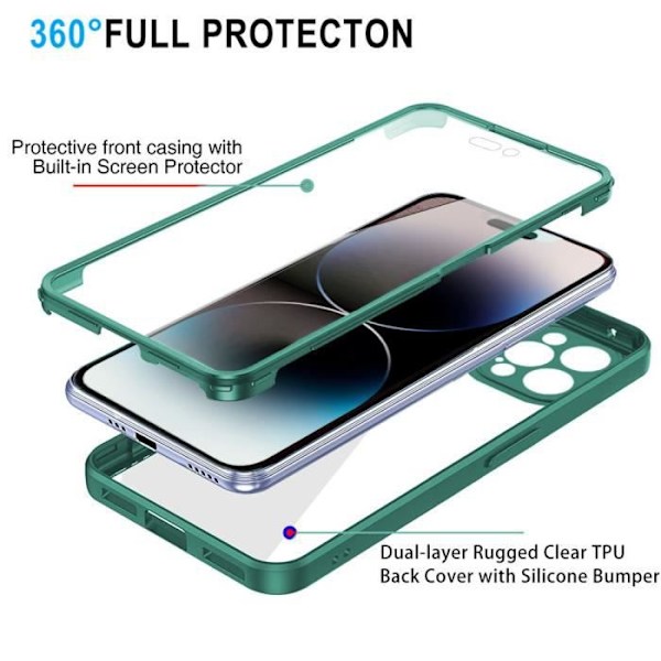 Fodral för iPhone 14 Pro Max (6,7") 360° skydd Fram+Bak Styv Silikon Nattgrön Nattgrönt