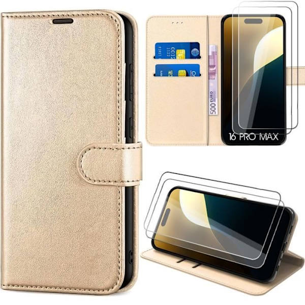 2 härdade glasögon + fodral för iPhone 16 Pro Max, anti-skrapfodral i guld syntetiskt läder