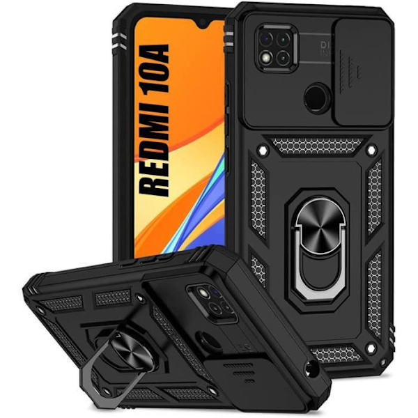 Fodral för Redmi 10A Black Shockproof Army Style Inbyggt stöd Förstärkt kantkameraskydd