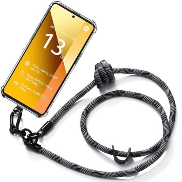 Cover - Xiaomi - Redmi Note 13 5G - Transparent - Shockproof - Scratch-resistant - Removable Strap Grå