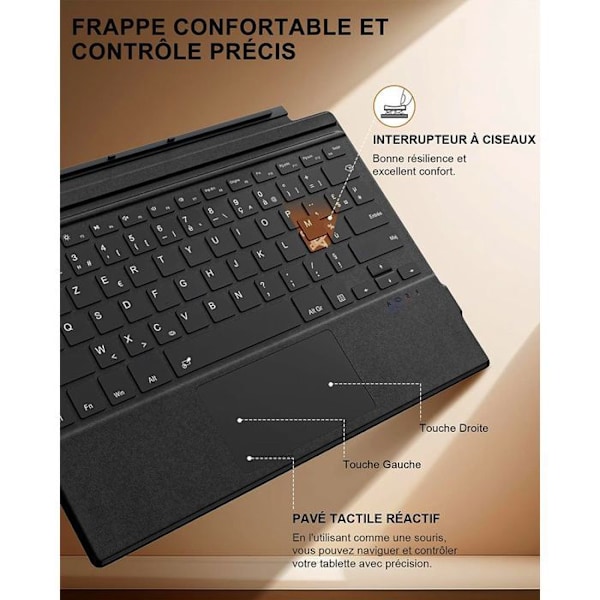 Tangentbord för Microsoft Surface Pro 7 Plus / 7 / 6 / 5 / 4 / 3, Bluetooth Bakgrundsbelysning AZERTY med Pekplatta