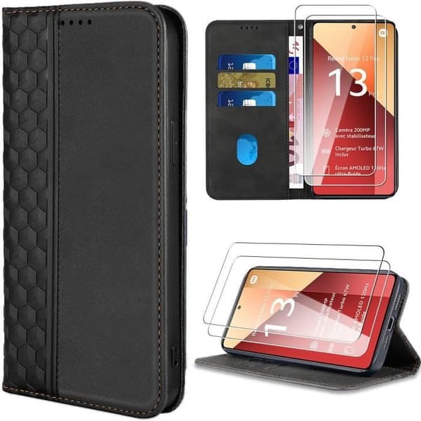 Coque - E.F.CONNECTION - För Xiaomi Redmi Note 13 Pro 4G - Skydd Effekt Läder - 2 Härdat Glas - Elegant Svart