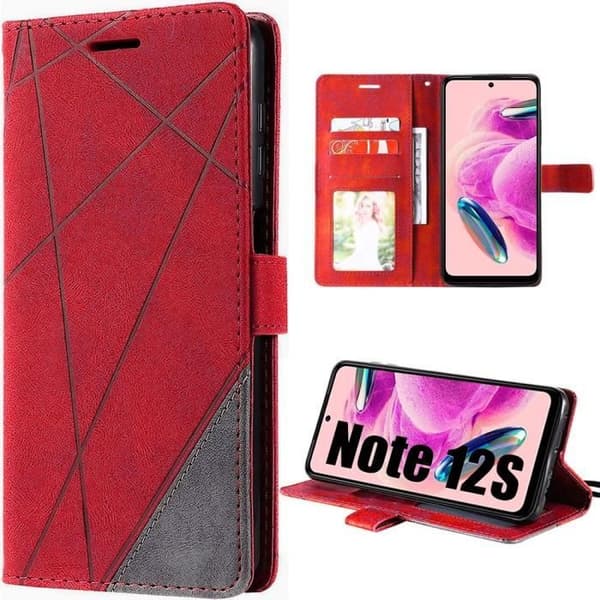 Skyddande skal - E.F.Connection - Redmi Note 12S - Röd - PU-läder - Stötsäker - Fällbar med kortfickor Röd