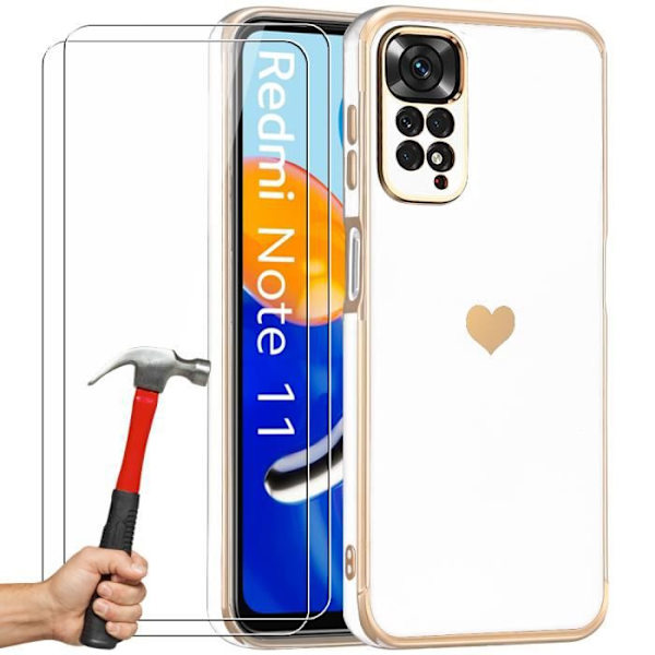 Vitt TPU-fodral för Xiaomi Redmi Note 11-11S Anti-Scratch Heart Pattern + 2 härdade glasögonskydd