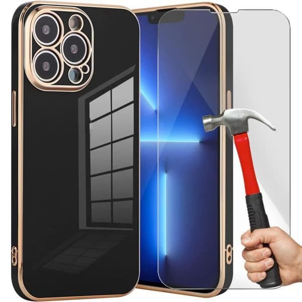 Skyddsskal - E.F.CONNECTION - för iPhone 13 Pro - Flexibelt - Svart - 2 Härdade Glas Svart