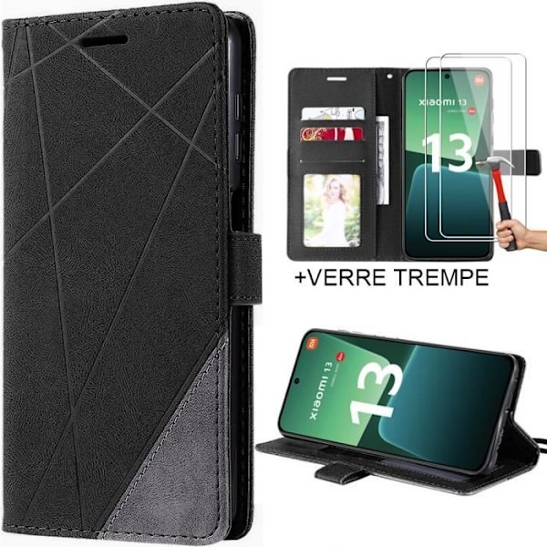 Skyddspaket - Xiaomi - 13 - Mjuk lädereffekt skal - 2 härdade glas - Stötchockskydd Svart