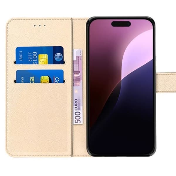 Fodral + 2 härdade glasögon för iPhone 16 Pro - Guld Stötsäker PU-läder Flip-fodral
