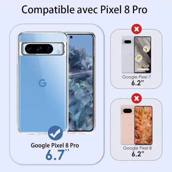 Silikonfodral för Google Pixel 8 Pro, med 2 härdade glasögon genomskinligt skydd