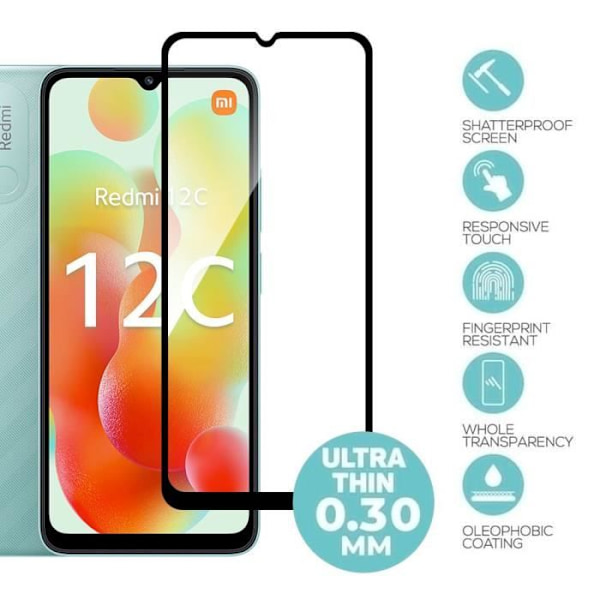 Helhärdat glas för Xiaomi Redmi 12C - Redmi 11A - Set med 3 - Reptålig Transparent med svart kant