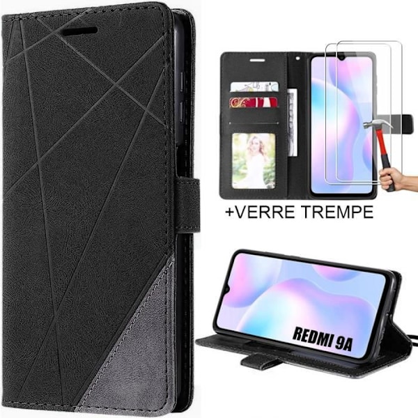 Set med 2 härdade glasögon + fodral för Xiaomi Redmi 9A Integral svart syntetiskt läder