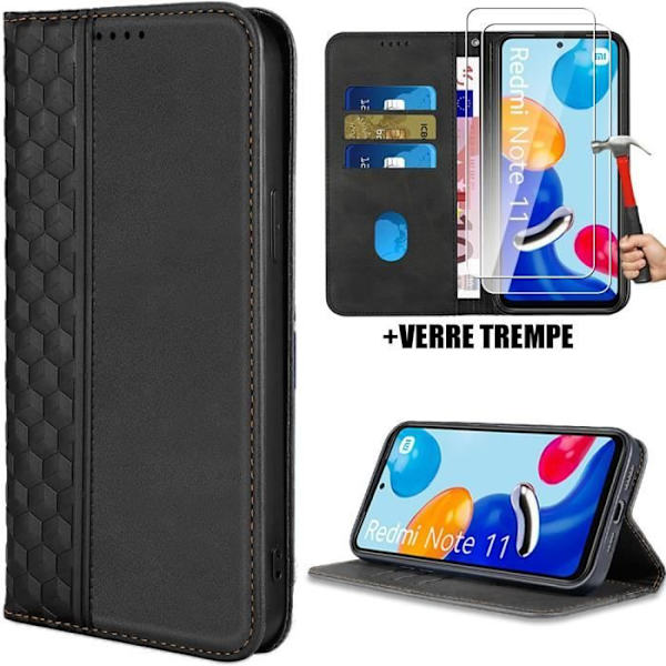 Etui + 2 hærdede briller til Xiaomi Redmi Note 11- Redmi Note 11S, sort syntetisk læderbeskyttelse Magnetisk lukning