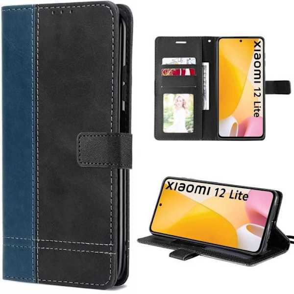 Full Cover Case til Xiaomi 12 Lite - Tofarvet syntetisk læder flipbeskyttelse - Sort-Marineblå Svart-marinblå