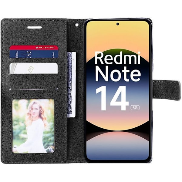 Coque + 2 Tempered Glass til Xiaomi Redmi Note 14 5G (ikke til 4G) Anti-Ridser 360 Graders Beskyttelse PU Læder Sort Svart