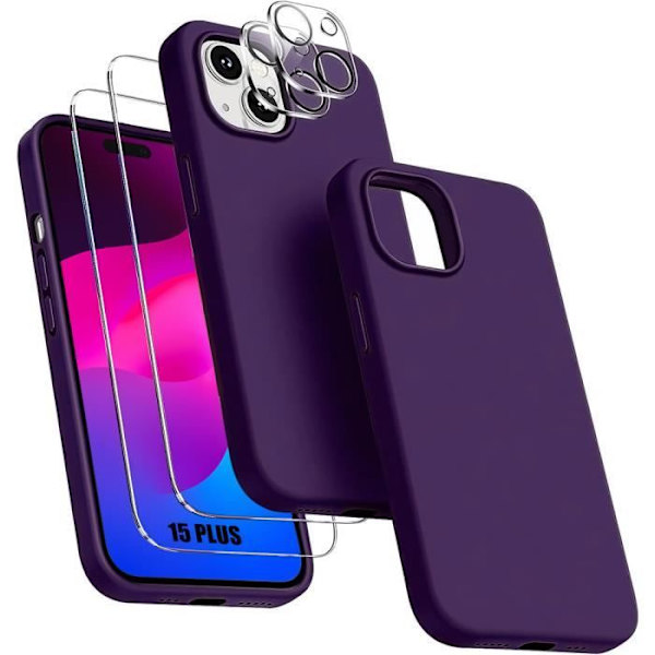 Cover til iPhone 15 Plus - Mørk lilla silikone + 2 hærdede briller og 2 bagkamerabriller