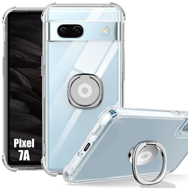 Silikonfodral för Google Pixel 7a, stötsäker transparent med justerbar silverringhållare