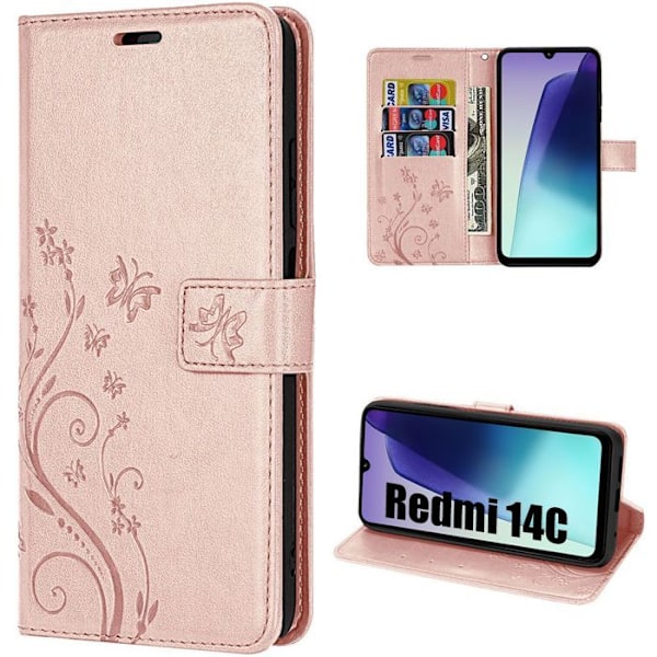 Skyddsskal för Xiaomi Redmi 14C, Scratch Resistant Stötsäkert Syntetiskt Läder Blommönster Fjäril - Rosa Rosa