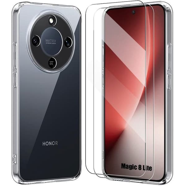 Skyddsfodral för Honor Magic 8 Lite, Silikon Stötsäker Anti-Rip Slim Transparent - 2 Härdat Glas Transparent