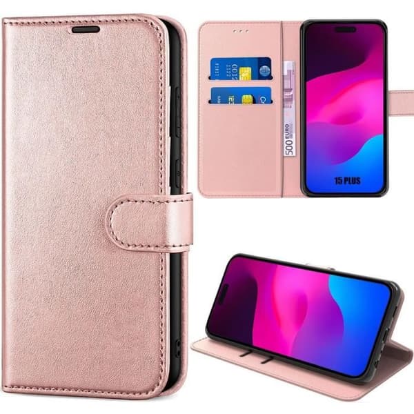 Coque - E.F.CONNECTION - för iPhone 15 Plus - 360 Graders Skydd - PU Läder - Rosa Rosa
