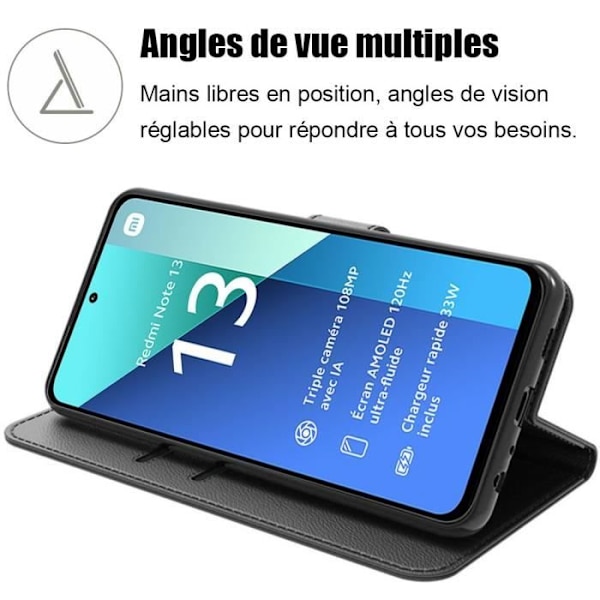 Fodral till Xiaomi Redmi Note 13 4G (ej för 5G) - Svart - Stötsäkert PU-läder och TPU-fodral med korthållare och stativfunktion