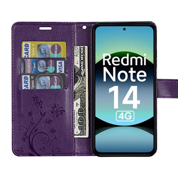 Skydd för Xiaomi Redmi Note 14 4G (inte för 5G) Stöttålig Syntetiskt Läder Mörklila Fjäril Växtmönster Mörklila