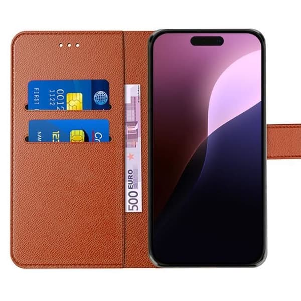 Coque - E.F.CONNECTION - för iPhone 16 Pro - Syntetiskt läder Brun - Magnetisk Flip - 2 Härdade Glas kastanj