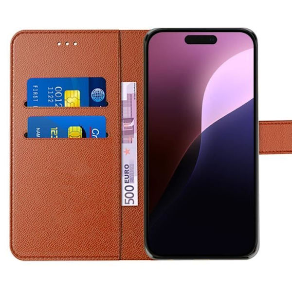 Coque - MÆRKE - iPhone 16 Pro - Syntetisk Læder Brun - Magnetisk Klap - 2 Tempererede Glas kastanj