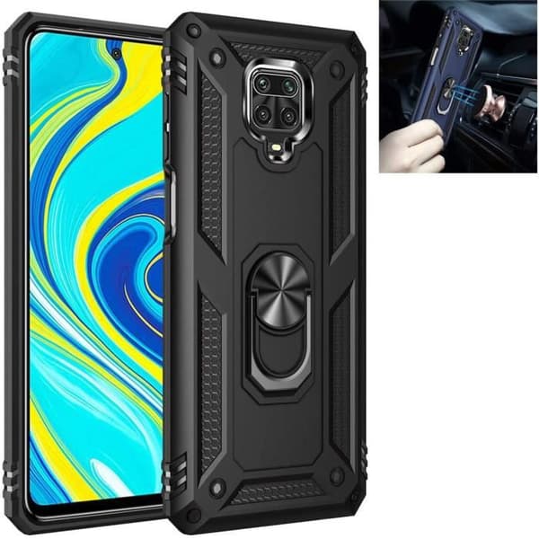 Fodral - Xiaomi - Redmi Note 9 Pro Max - TPU silikon - Roterande ringhållare - Magnetisk bilfäste Svart