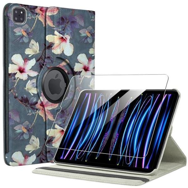 Coque + Härdat Glas - E.F.Connection - för iPad Pro 11" - Stötsäker - Rotera 360° - Blommönster Blå, rosa, vit