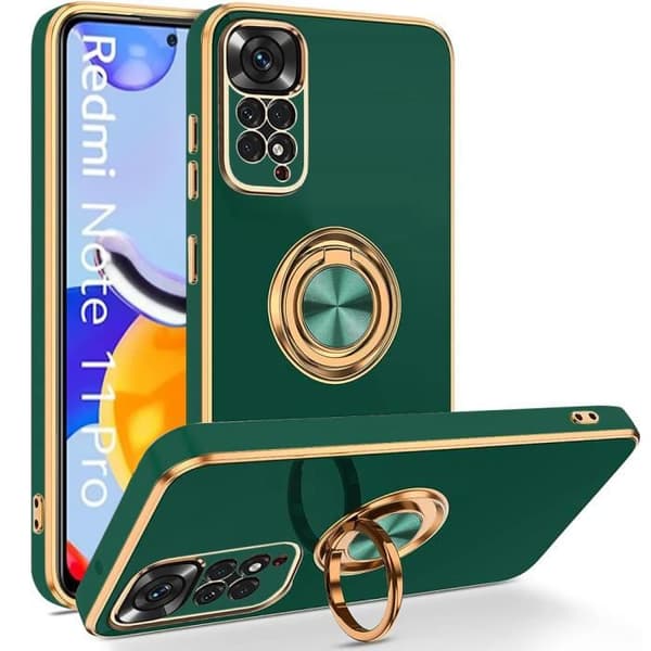 Coque Silicone - E.F.CONNECTION - För Xiaomi Redmi Note 11 Pro - Mörkgrön - Stötsäker - 360° Rotationsring Nattgrönt