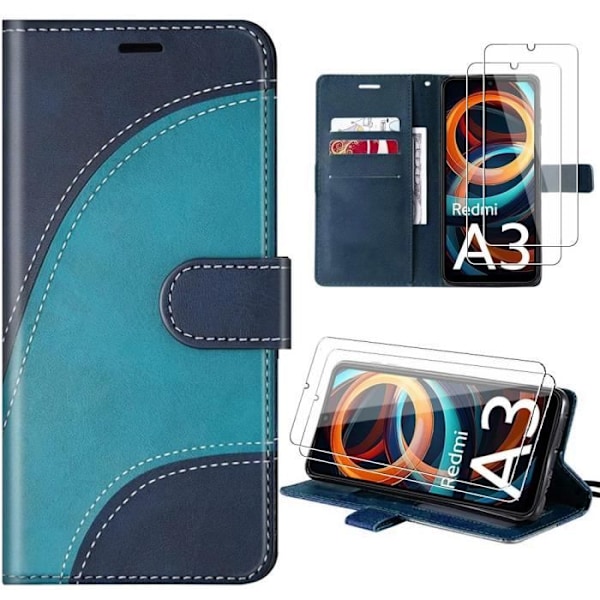 Coque - Xiaomi - Redmi A3 - Skydd i syntetiskt läder - Elegant - 2 härdade glas ingår Blå