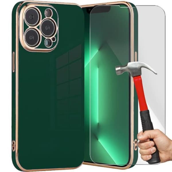 Skyddsskals - Lyx Mode - för iPhone 13 Pro Max - Nattsvart - Stötsäker - Paket med 2 härdade glas. Midnattsgrönt