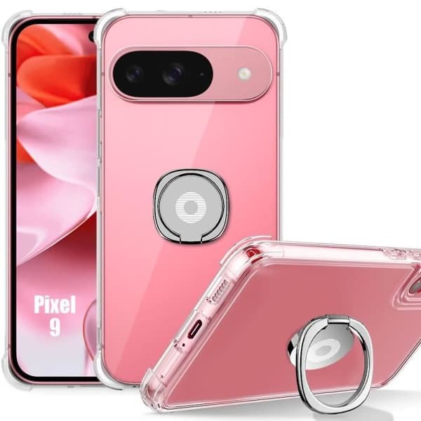 Silikonfodral för Google Pixel 9, stötsäker transparent med justerbar silverringhållare