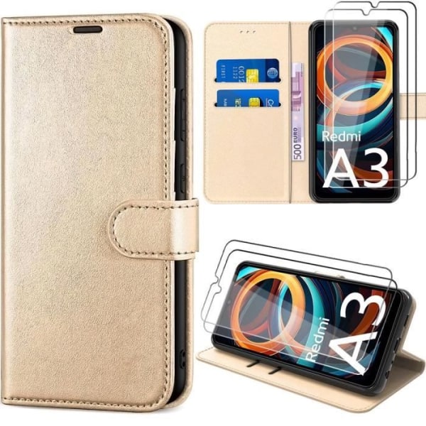 Skyddsskal - Xiaomi - Redmi A3 - PU-läder - Stötsäker - Flera positioner stöd gyllene